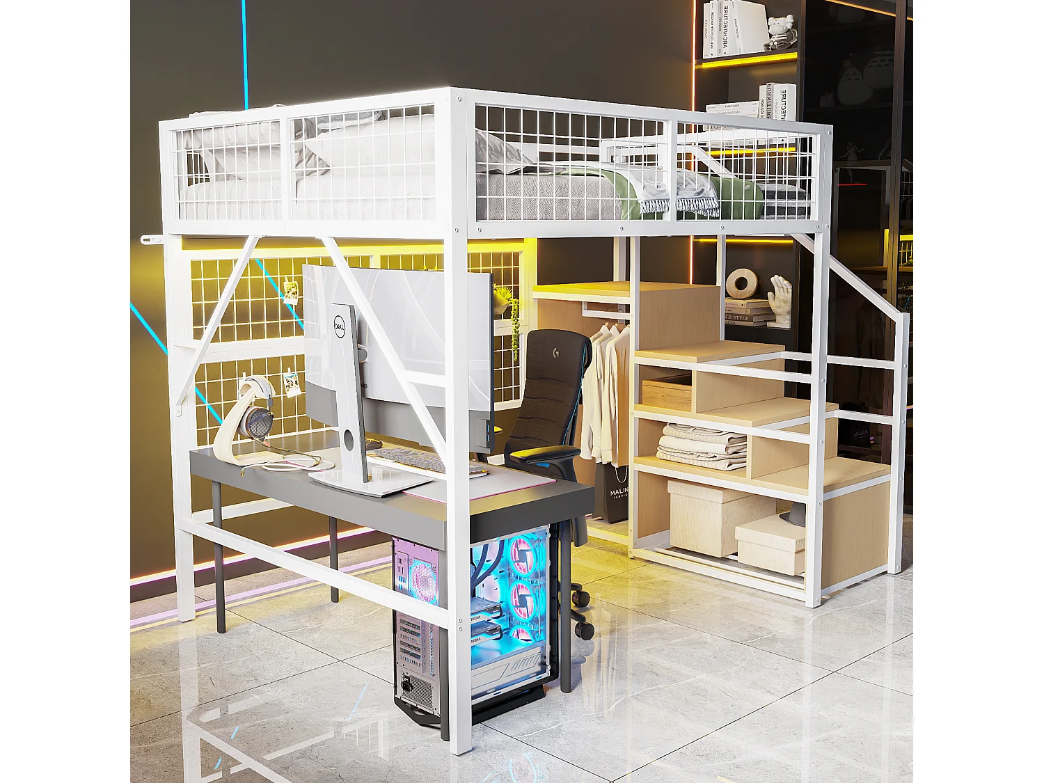 Soppalco illuminato 140x200 in metallo per bambini Scala a LED per armadio bianco