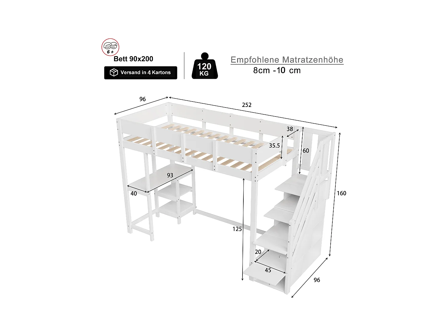 Cama mezanino de madeira maciça 90x200 cm com arrumação e prateleiras para crianças em branco