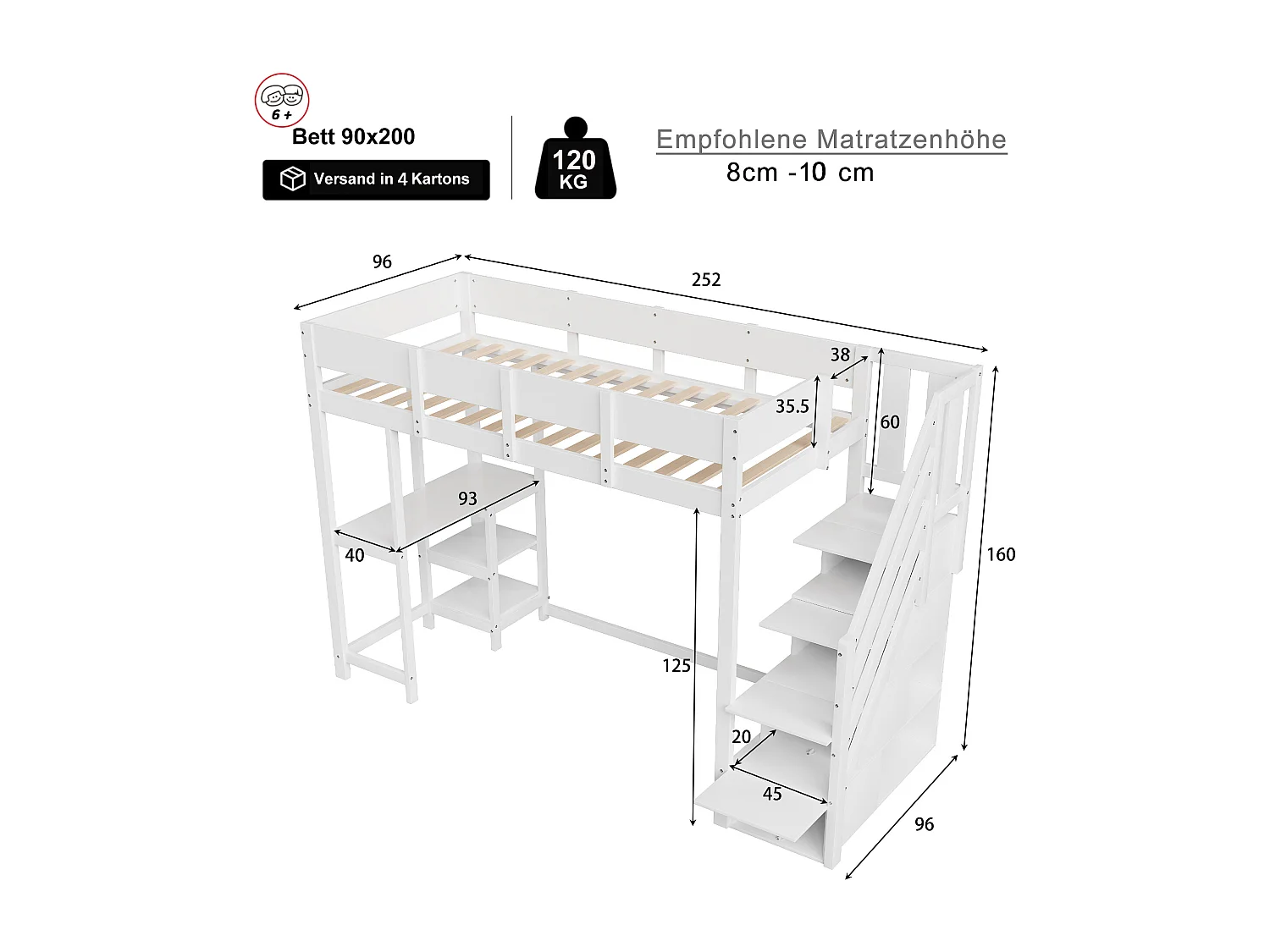 Cama mezanino de madeira maciça 90x200 cm com arrumação e prateleiras para crianças em branco