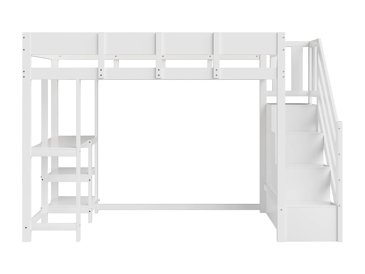 Cama mezanino de madeira maciça 90x200 cm com arrumação e prateleiras para crianças em branco