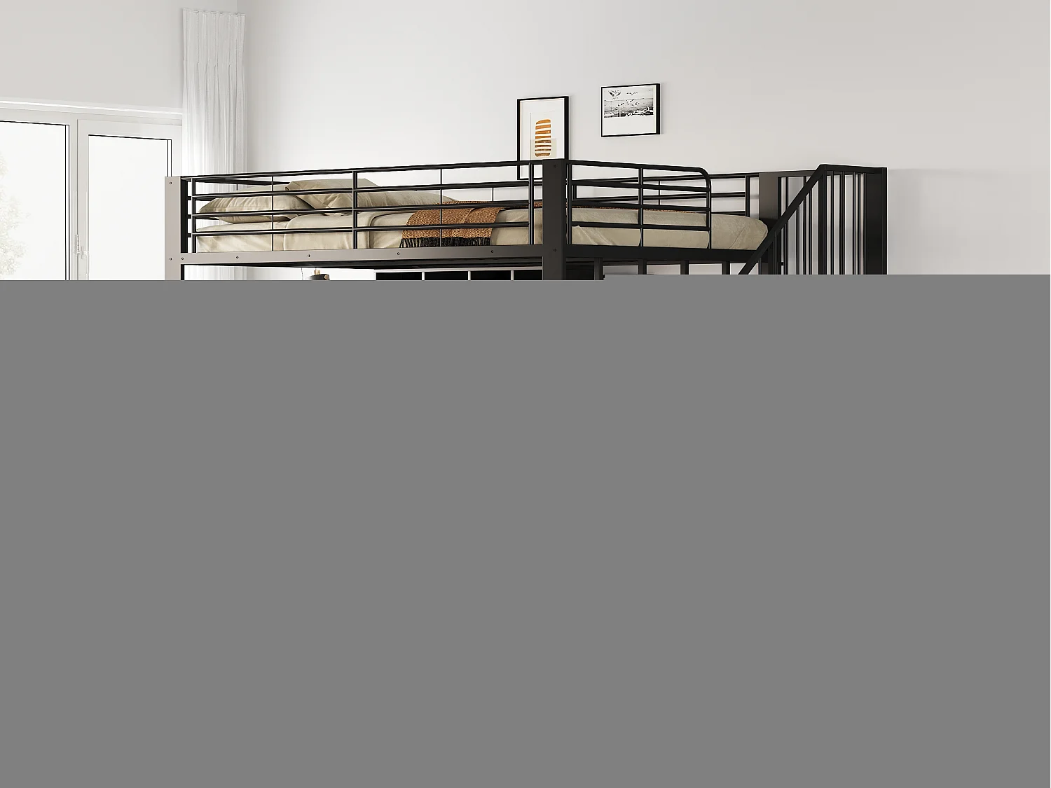 Soppalco illuminato 140x200 in metallo con scala e zona notte per bambini e adulti neri