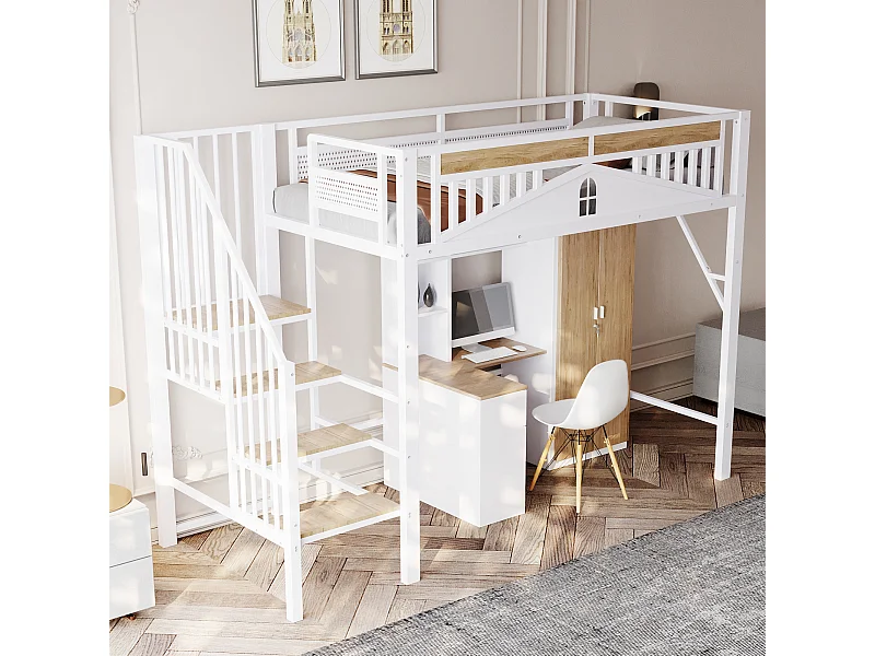 Cama alta de metal de 90x200 cm con espacio de seguridad y almacenaje en color blanco para niños