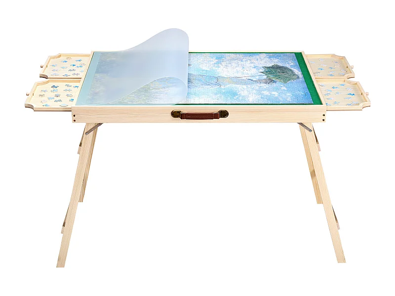 Table de Puzzle SucceBuy 1500 Pièces, Planche de Puzzle 86,5 x 63,5 cm, avec Pieds Pliables, 4 Tiroirs et Couverture, Plateau Casse-Tête Portable en Bois