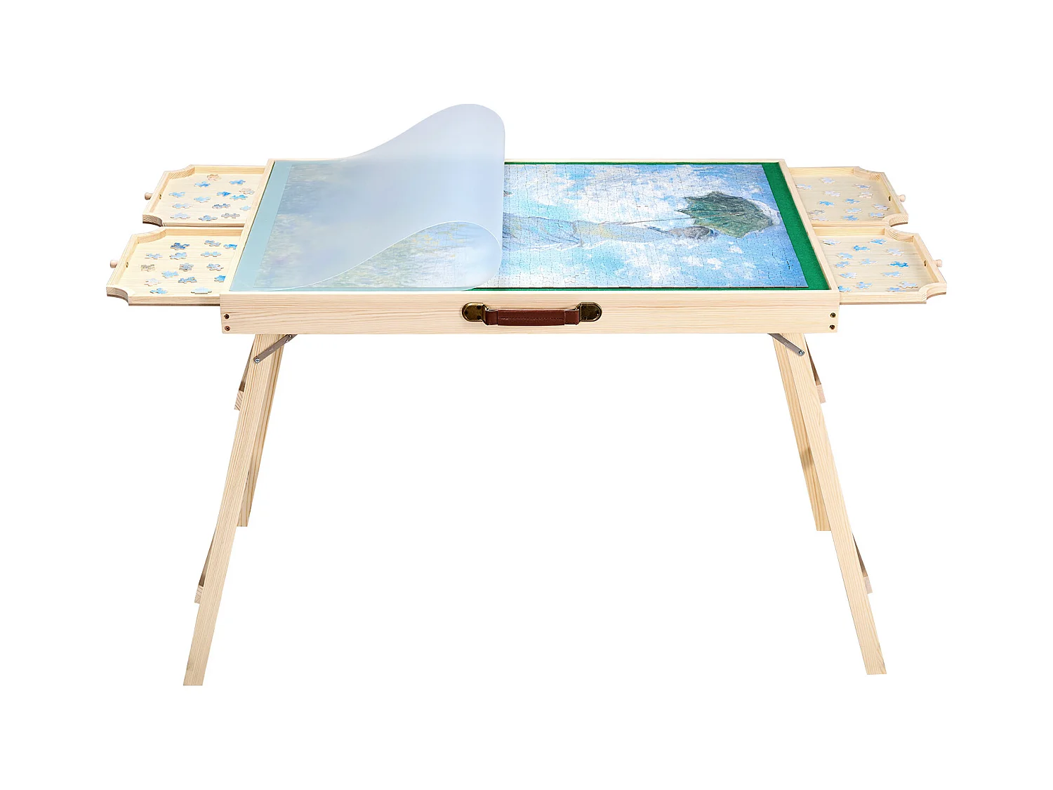 Table de Puzzle SucceBuy 1500 Pièces, Planche de Puzzle 86,5 x 63,5 cm, avec Pieds Pliables, 4 Tiroirs et Couverture, Plateau Casse-Tête Portable en Bois