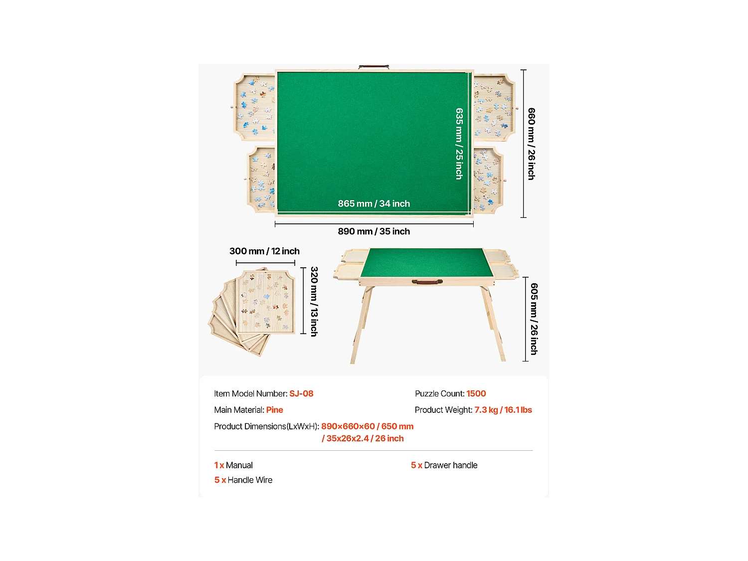 Table de Puzzle SucceBuy 1500 Pièces, Planche de Puzzle 86,5 x 63,5 cm, avec Pieds Pliables, 4 Tiroirs et Couverture, Plateau Casse-Tête Portable en Bois