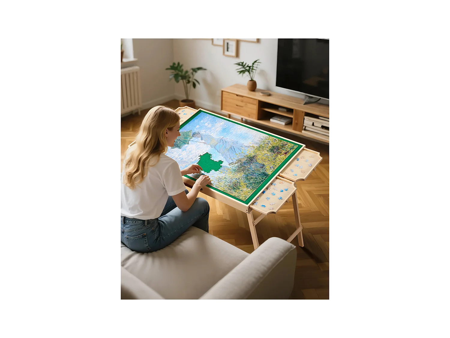 Table de Puzzle SucceBuy 1500 Pièces, Planche de Puzzle 86,5 x 63,5 cm, avec Pieds Pliables, 4 Tiroirs et Couverture, Plateau Casse-Tête Portable en Bois
