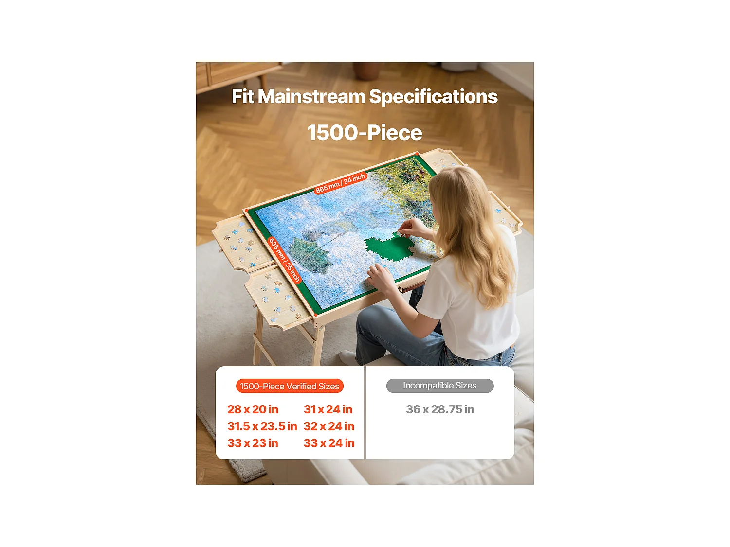 Table de Puzzle SucceBuy 1500 Pièces, Planche de Puzzle 86,5 x 63,5 cm, avec Pieds Pliables, 4 Tiroirs et Couverture, Plateau Casse-Tête Portable en Bois