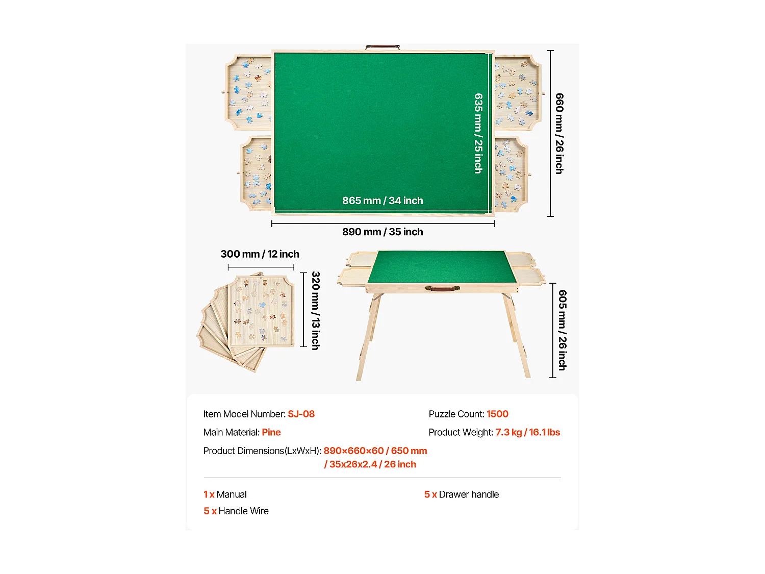 Table de Puzzle SucceBuy 1500 Pièces, Planche de Puzzle 86,5 x 63,5 cm, avec Pieds Pliables, 4 Tiroirs et Couverture, Plateau Casse-Tête Portable en Bois