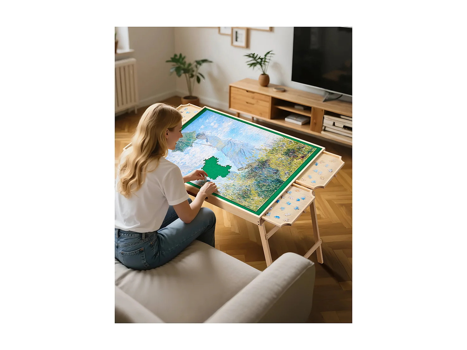Table de Puzzle SucceBuy 1500 Pièces, Planche de Puzzle 86,5 x 63,5 cm, avec Pieds Pliables, 4 Tiroirs et Couverture, Plateau Casse-Tête Portable en Bois