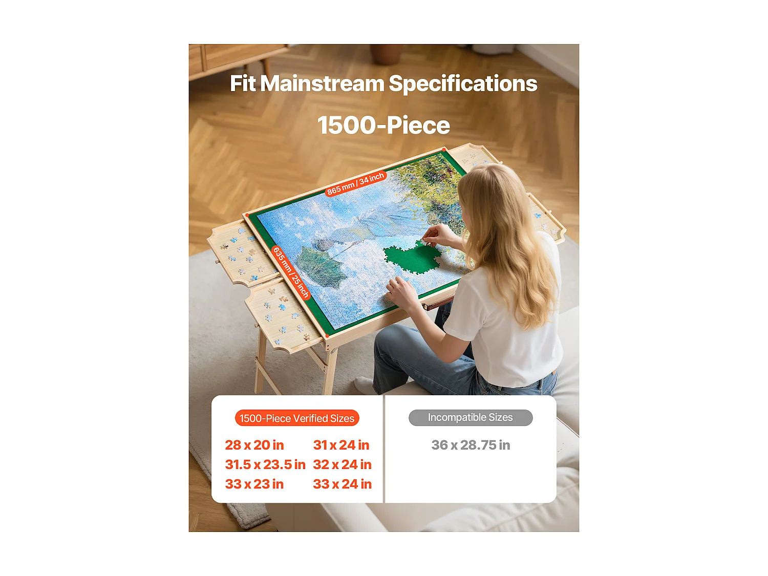 Table de Puzzle SucceBuy 1500 Pièces, Planche de Puzzle 86,5 x 63,5 cm, avec Pieds Pliables, 4 Tiroirs et Couverture, Plateau Casse-Tête Portable en Bois