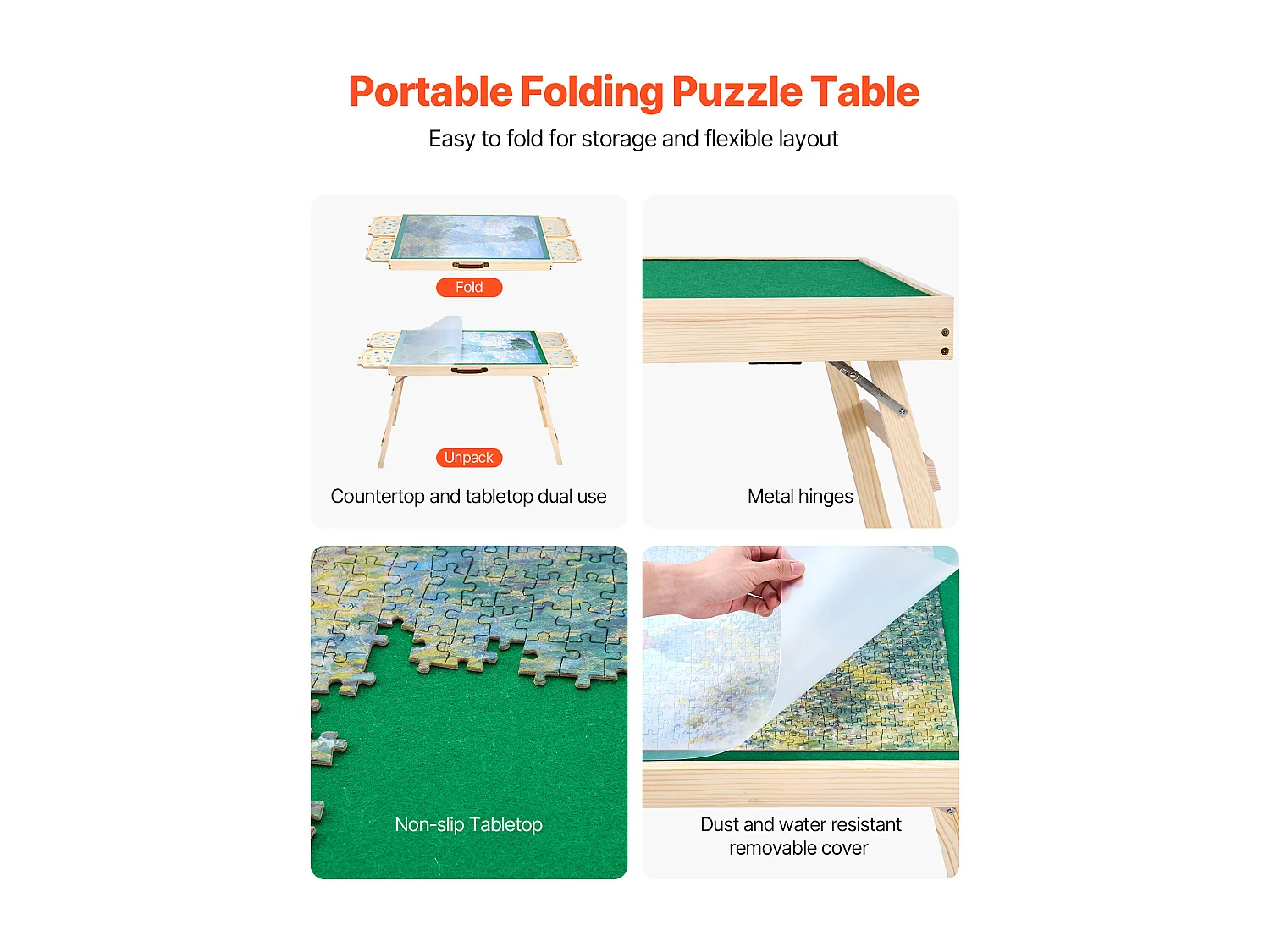 Table de Puzzle SucceBuy 1500 Pièces, Planche de Puzzle 86,5 x 63,5 cm, avec Pieds Pliables, 4 Tiroirs et Couverture, Plateau Casse-Tête Portable en Bois