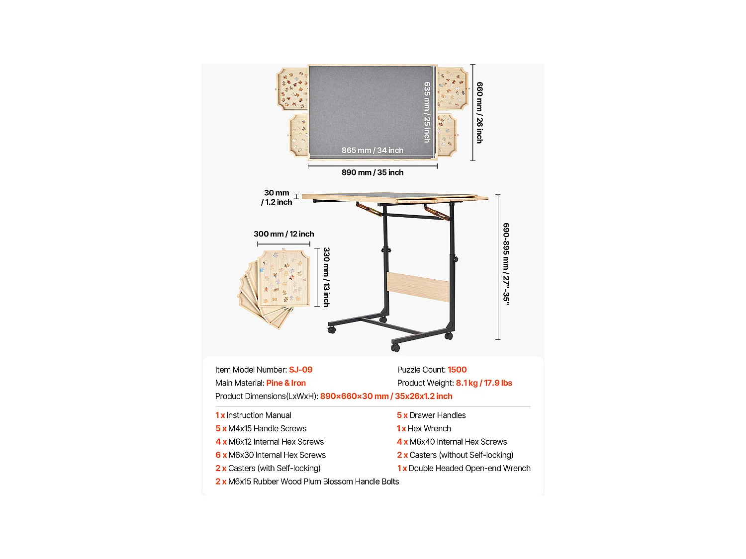 Table de Puzzle SucceBuy 1500 Pièces, Planche de Puzzle 86,5 x 63,5 cm, avec Pieds en Métal, 4 Tiroirs, Roues et Couverture, Plateau Casse-Tête Hauteur Réglable