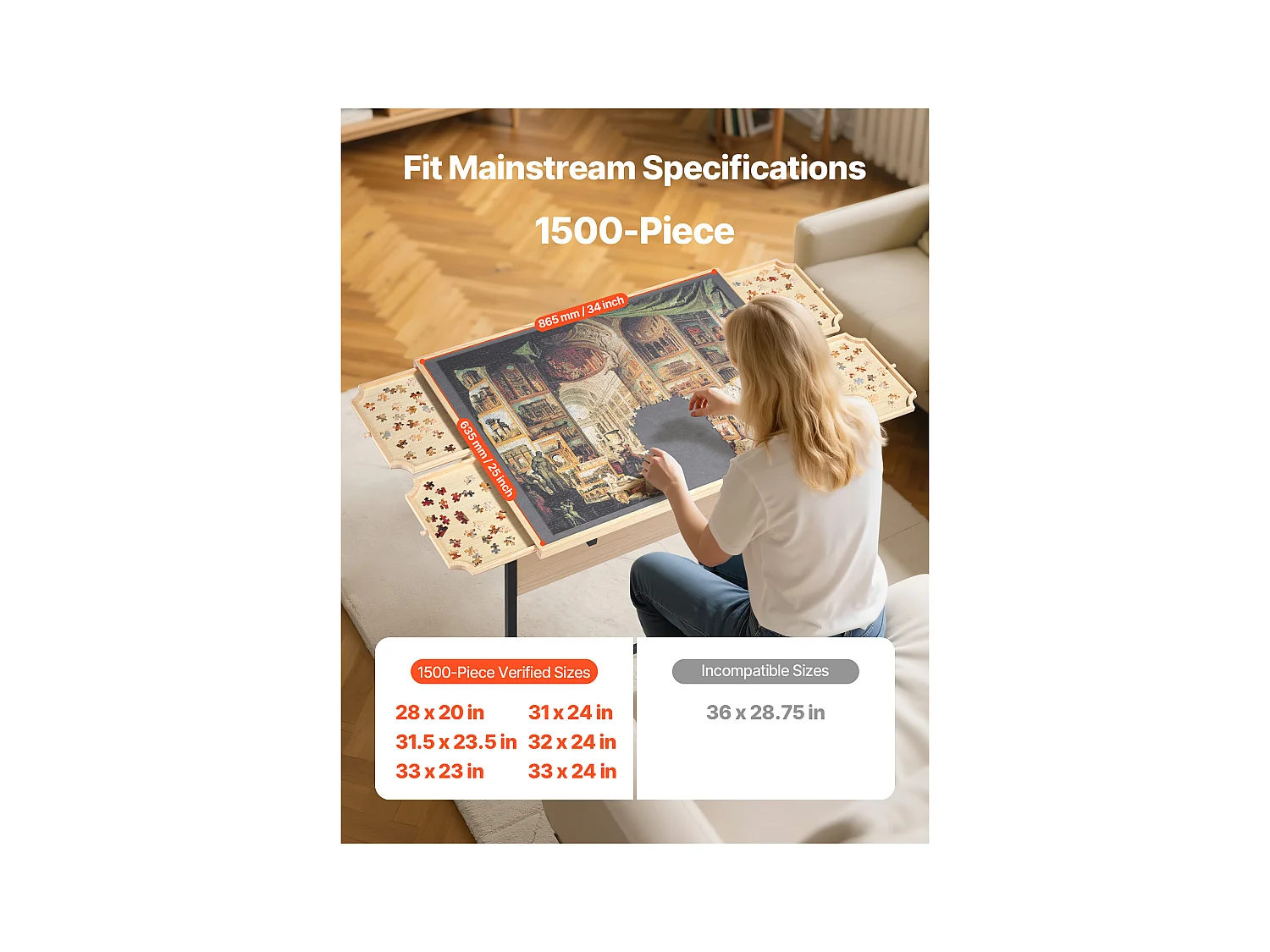 Table de Puzzle SucceBuy 1500 Pièces, Planche de Puzzle 86,5 x 63,5 cm, avec Pieds en Métal, 4 Tiroirs, Roues et Couverture, Plateau Casse-Tête Hauteur Réglable