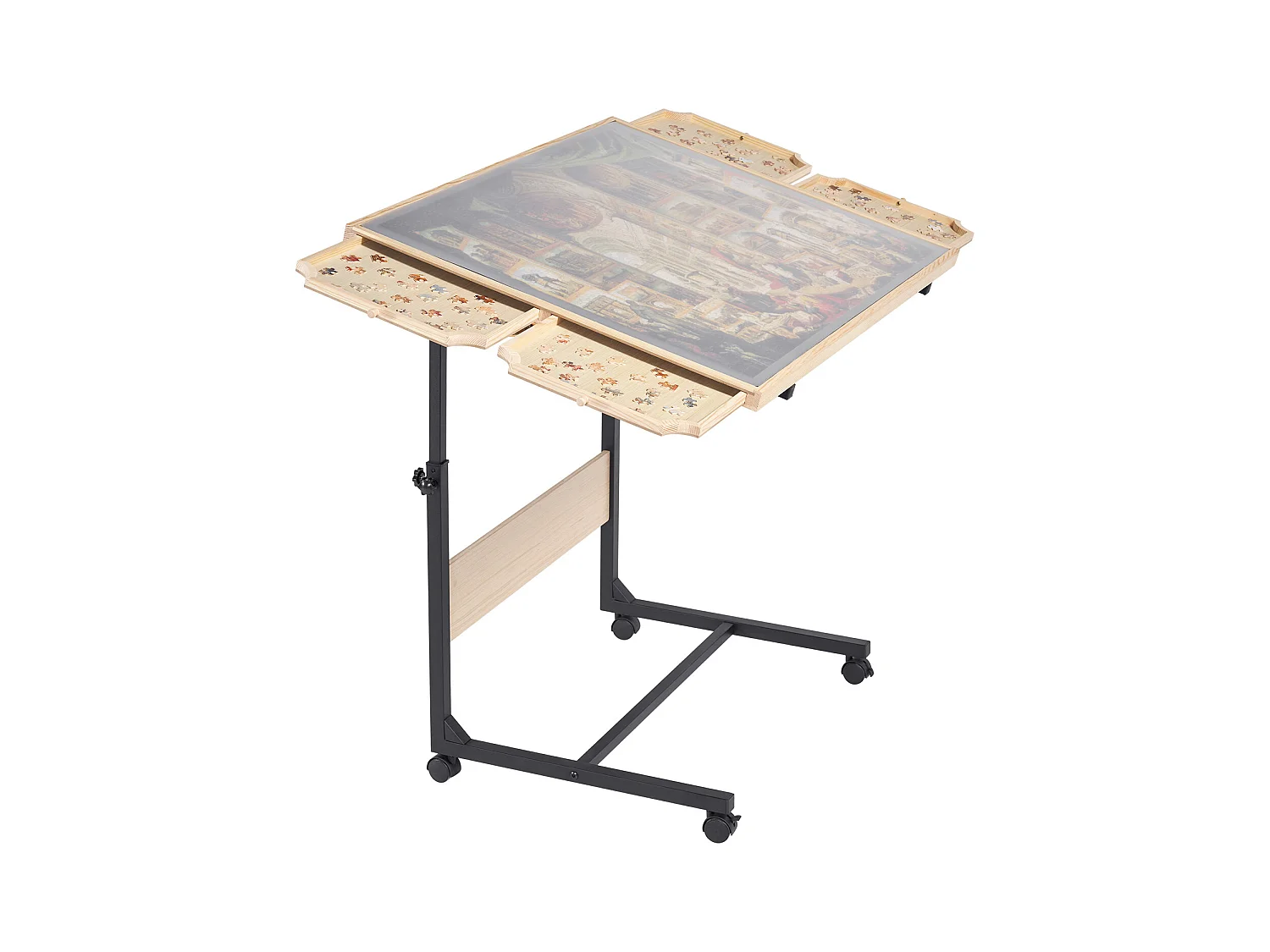 Table de Puzzle SucceBuy 1500 Pièces, Planche de Puzzle 86,5 x 63,5 cm, avec Pieds en Métal, 4 Tiroirs, Roues et Couverture, Plateau Casse-Tête Hauteur Réglable