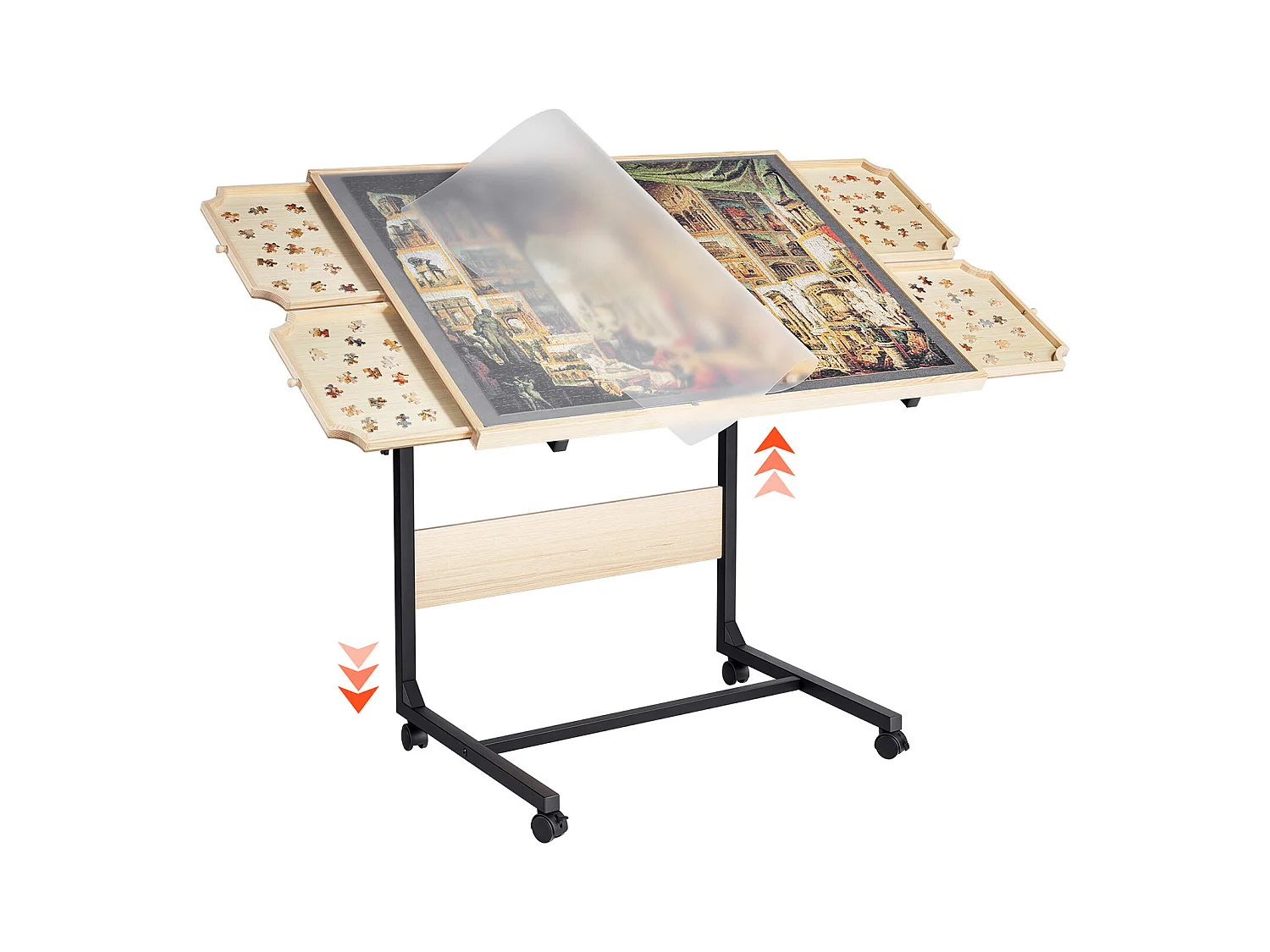 Table de Puzzle SucceBuy 1500 Pièces, Planche de Puzzle 86,5 x 63,5 cm, avec Pieds en Métal, 4 Tiroirs, Roues et Couverture, Plateau Casse-Tête Hauteur Réglable