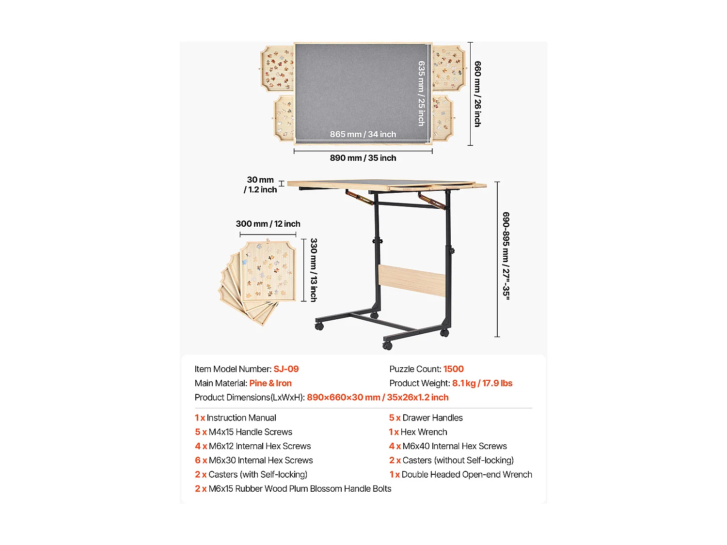 Tavolo Puzzle SucceBuy 1500 Pezzi, Tavola Puzzle 86,5 x 63,5 cm, con Gambe in Metallo, 4 Cassetti, Ruote e Copertura, Piattaforma Rompicapo Altezza Regolabile