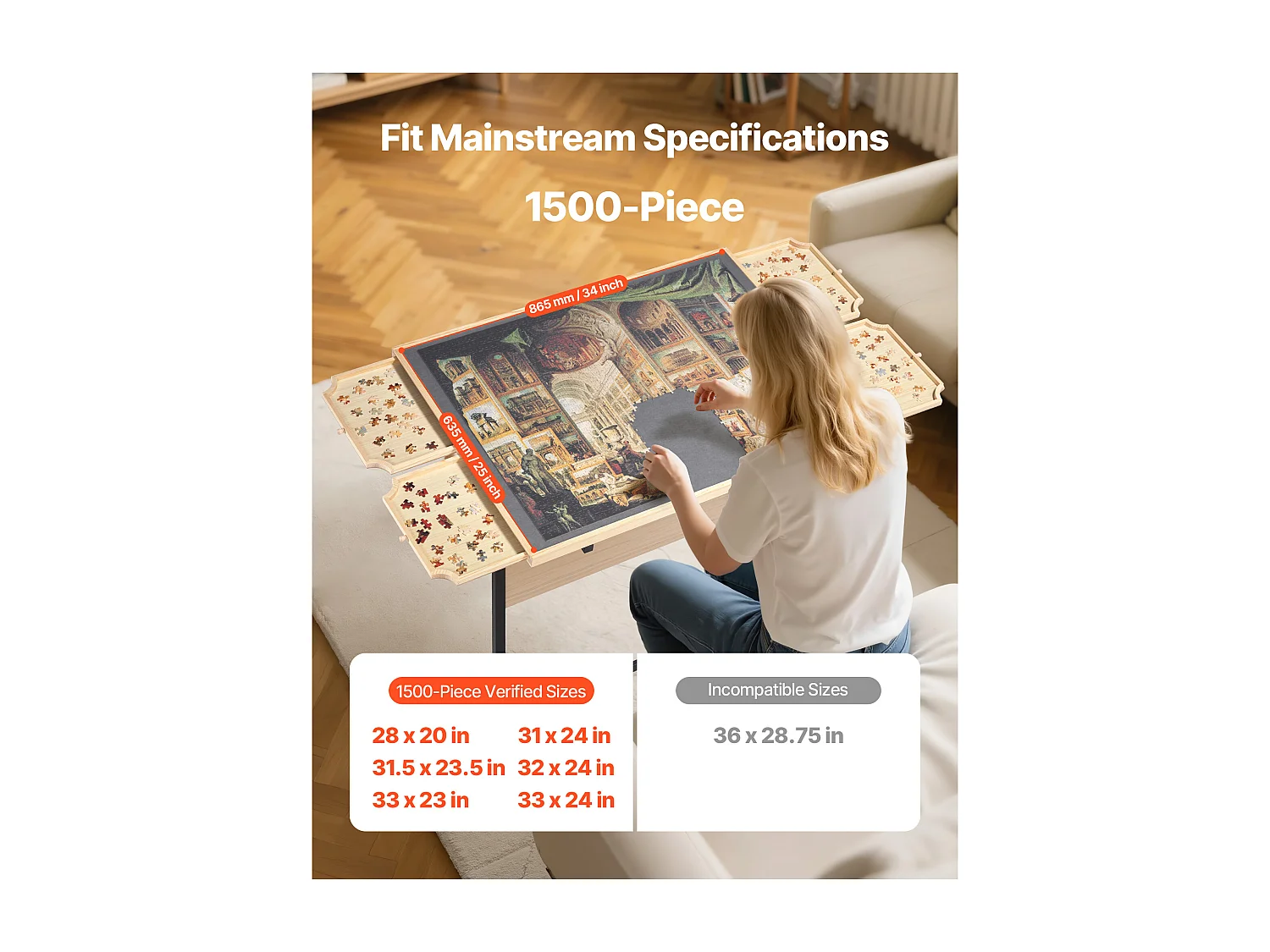 Tavolo Puzzle SucceBuy 1500 Pezzi, Tavola Puzzle 86,5 x 63,5 cm, con Gambe in Metallo, 4 Cassetti, Ruote e Copertura, Piattaforma Rompicapo Altezza Regolabile