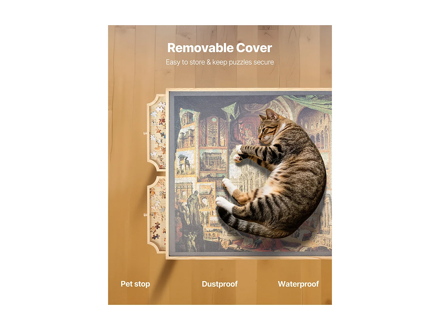 Tavolo Puzzle SucceBuy 1500 Pezzi, Tavola Puzzle 86,5 x 63,5 cm, con Gambe in Metallo, 4 Cassetti, Ruote e Copertura, Piattaforma Rompicapo Altezza Regolabile