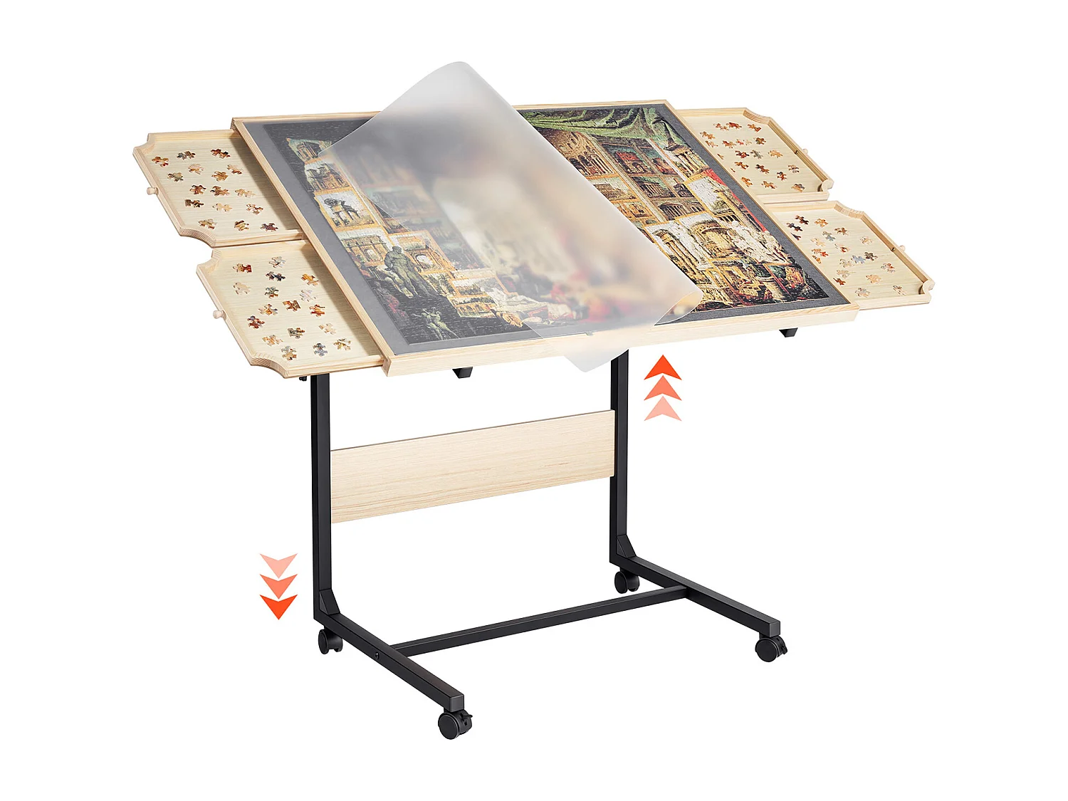 Tavolo Puzzle SucceBuy 1500 Pezzi, Tavola Puzzle 86,5 x 63,5 cm, con Gambe in Metallo, 4 Cassetti, Ruote e Copertura, Piattaforma Rompicapo Altezza Regolabile