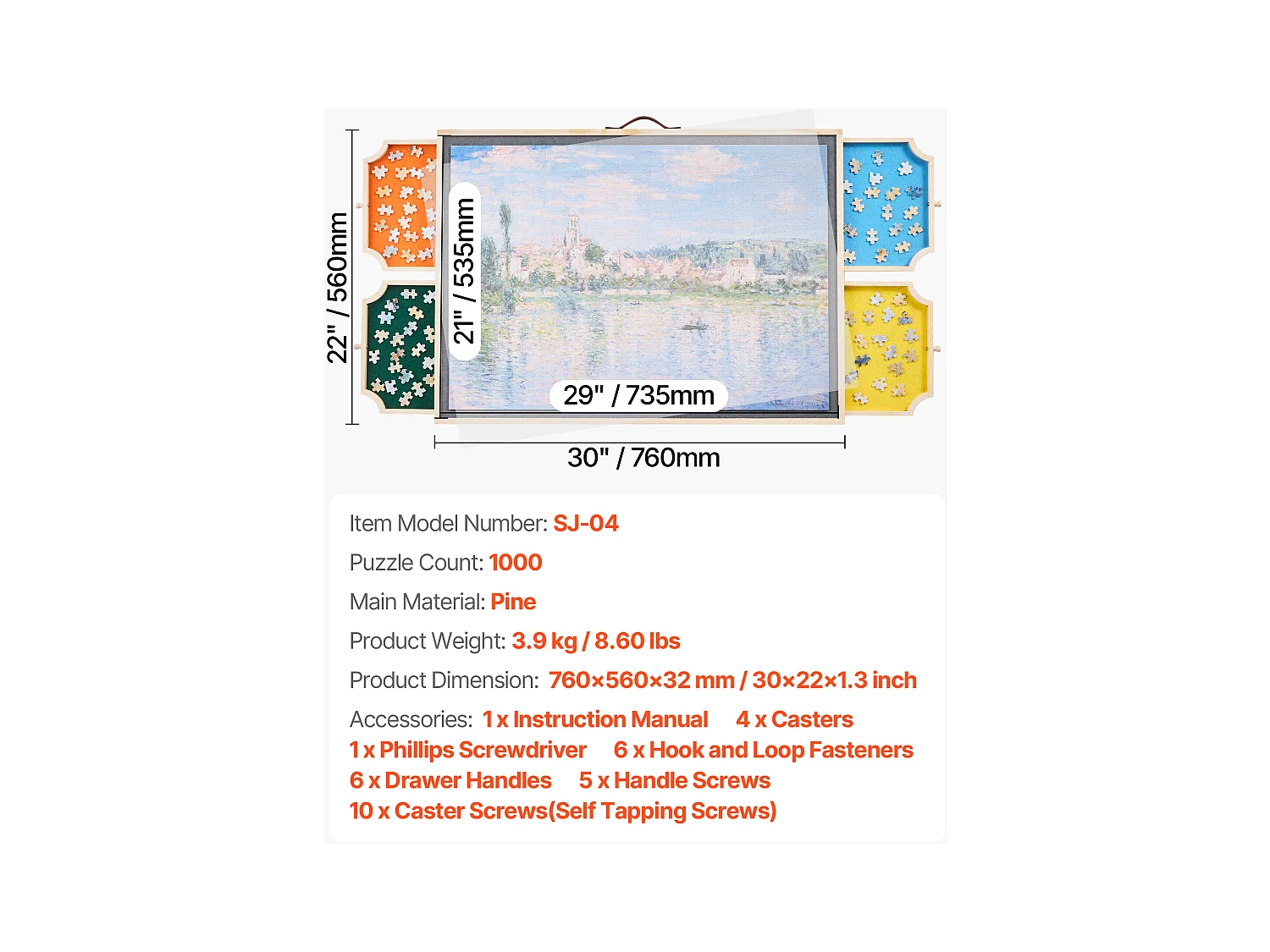 Planche de Puzzle SucceBuy 1000 Pièces, Table de Puzzle en Bois 73.5x53.5 cm, Plateau Casse-Tête Rotatif Portable, avec 4 Tiroirs Colorés et Couverture