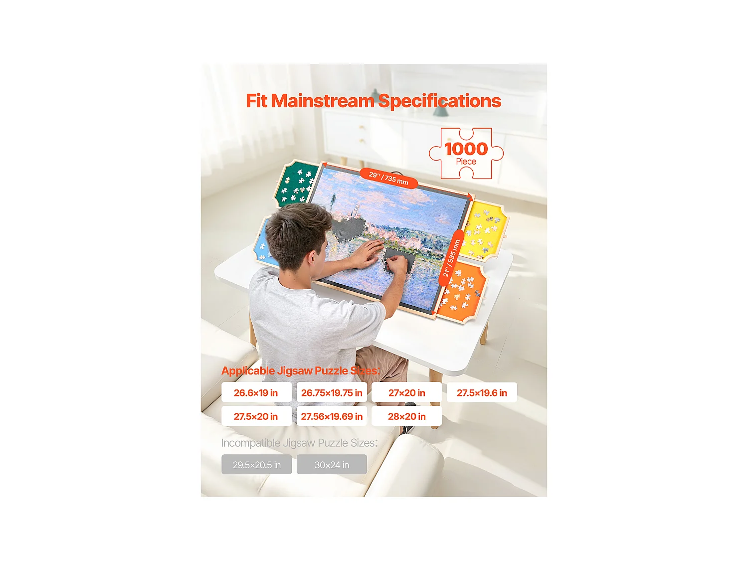 Planche de Puzzle SucceBuy 1000 Pièces, Table de Puzzle en Bois 73.5x53.5 cm, Plateau Casse-Tête Rotatif Portable, avec 4 Tiroirs Colorés et Couverture