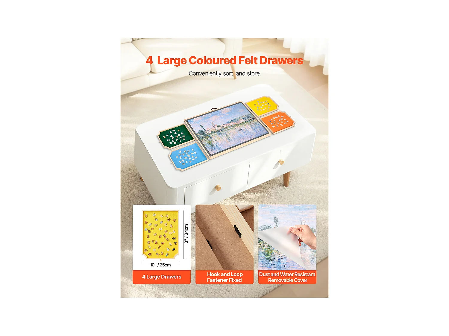 Planche de Puzzle SucceBuy 1000 Pièces, Table de Puzzle en Bois 73.5x53.5 cm, Plateau Casse-Tête Rotatif Portable, avec 4 Tiroirs Colorés et Couverture