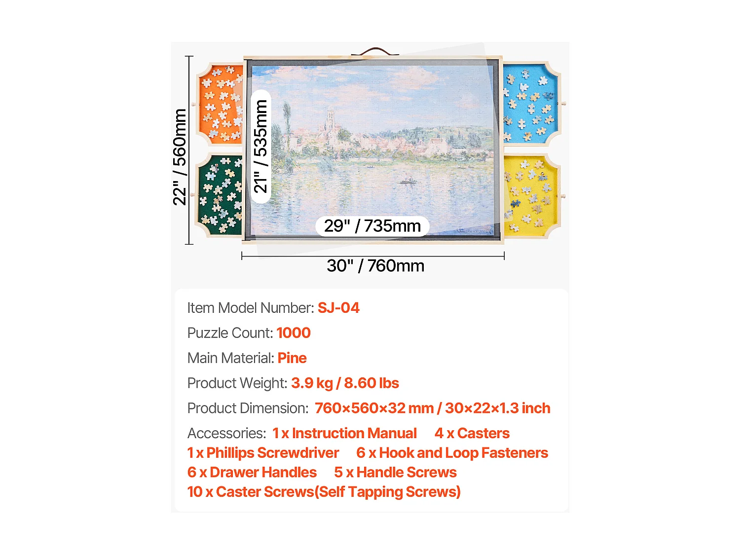 Planche de Puzzle SucceBuy 1000 Pièces, Table de Puzzle en Bois 73.5x53.5 cm, Plateau Casse-Tête Rotatif Portable, avec 4 Tiroirs Colorés et Couverture