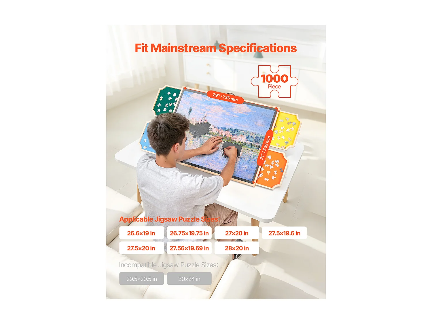 Planche de Puzzle SucceBuy 1000 Pièces, Table de Puzzle en Bois 73.5x53.5 cm, Plateau Casse-Tête Rotatif Portable, avec 4 Tiroirs Colorés et Couverture