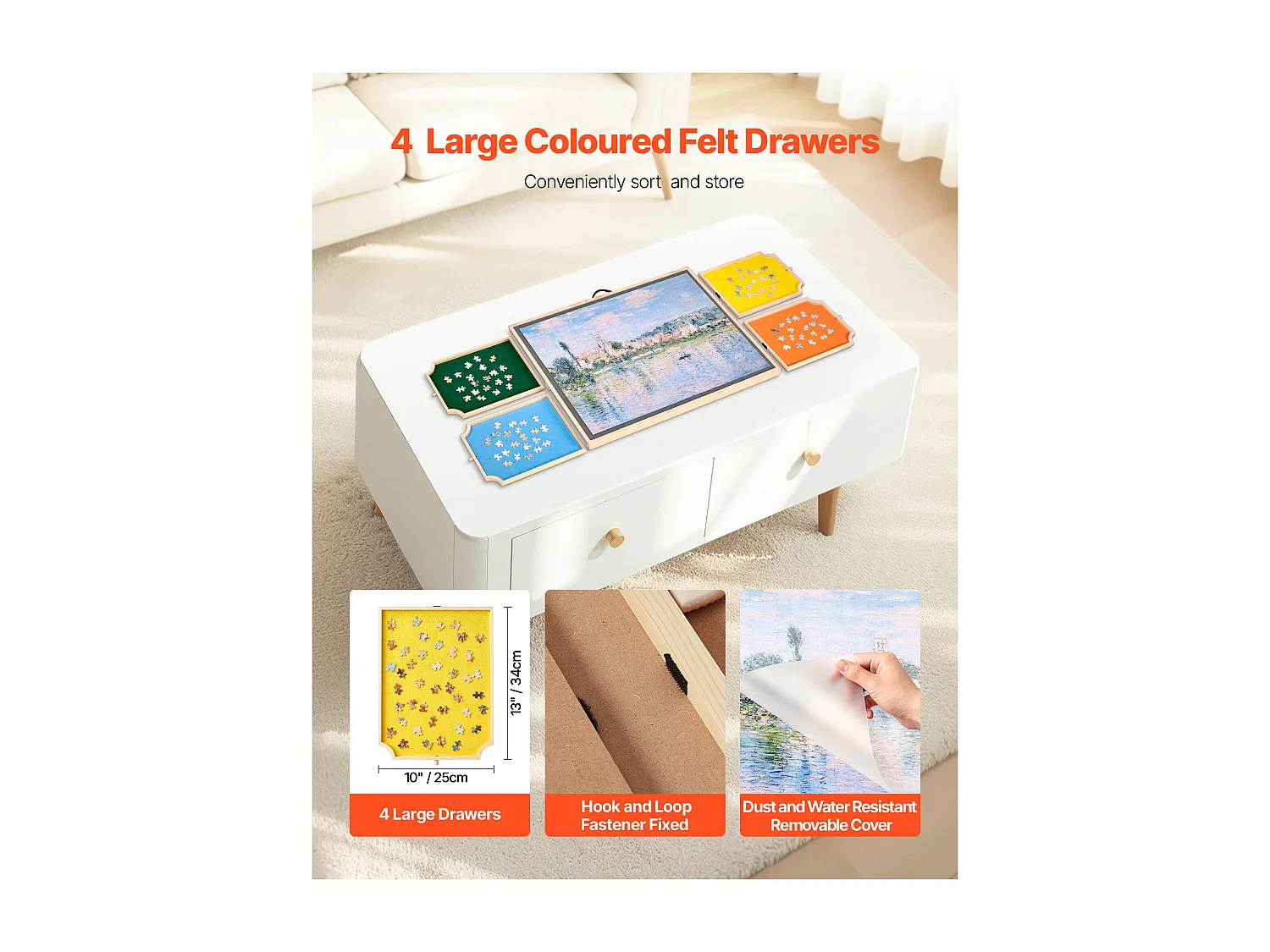 Planche de Puzzle SucceBuy 1000 Pièces, Table de Puzzle en Bois 73.5x53.5 cm, Plateau Casse-Tête Rotatif Portable, avec 4 Tiroirs Colorés et Couverture