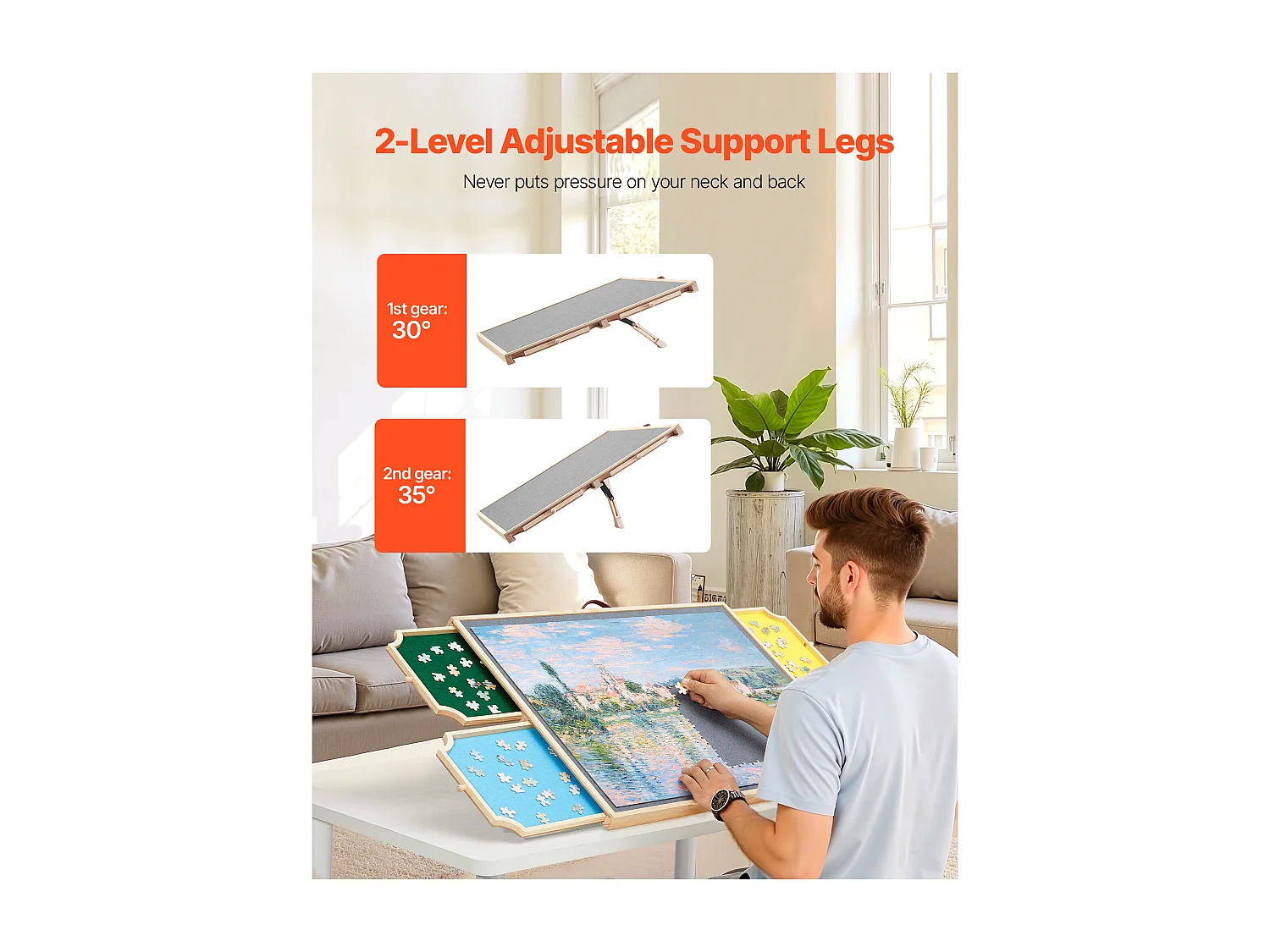 Planche de Puzzle SucceBuy 1000 Pièces, Table de Puzzle en Bois 73.5x53.5 cm, Plateau Casse-Tête Rotatif Portable, avec 4 Tiroirs Colorés et Couverture