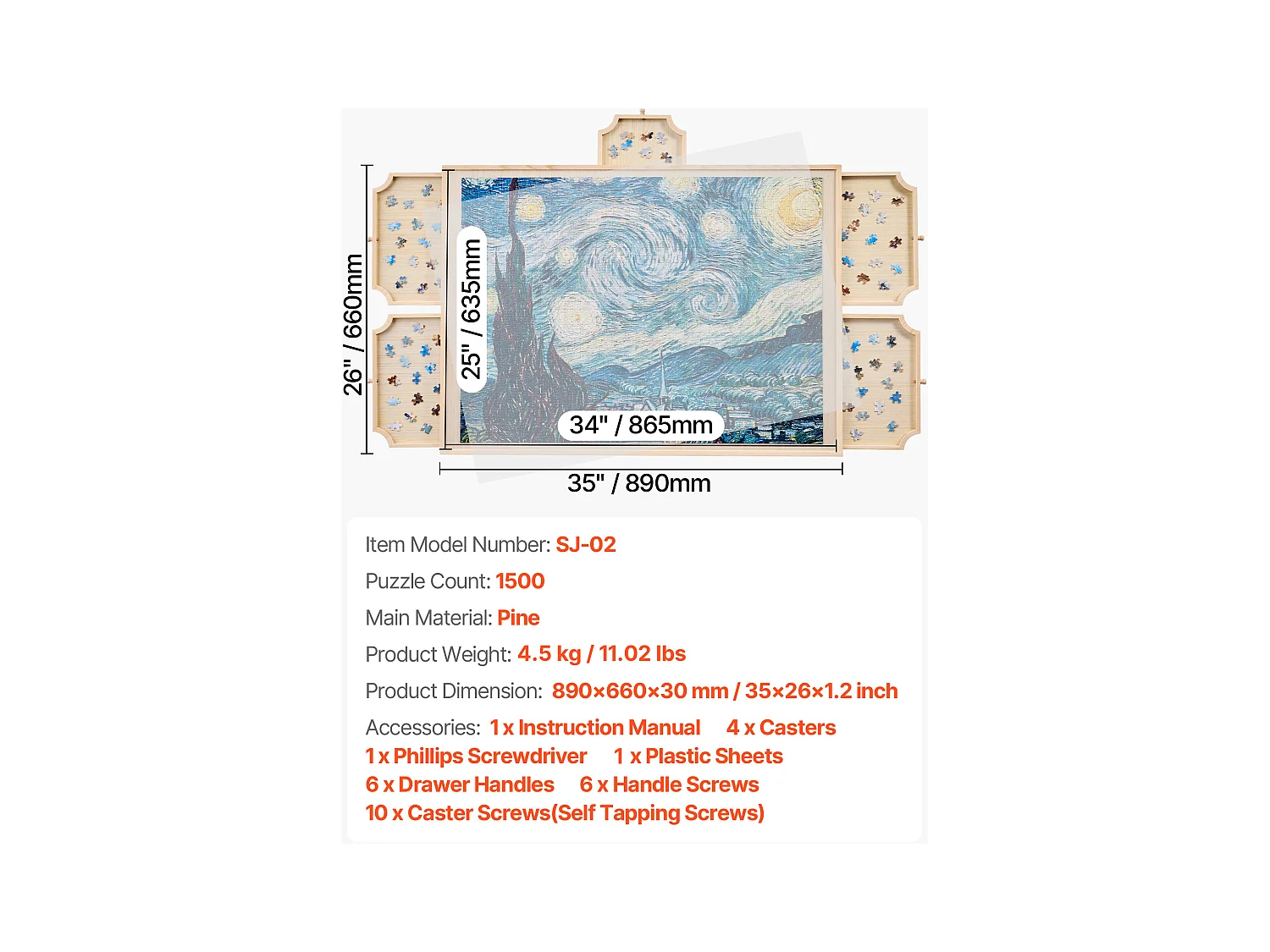 Planche de Puzzle SucceBuy 1500 Pièces, Table de Puzzle en Bois 86.5 x 63.5 cm, Plateau Casse-Tête Rotatif à 360° et Portable, avec 5 Tiroirs et Couverture Utile