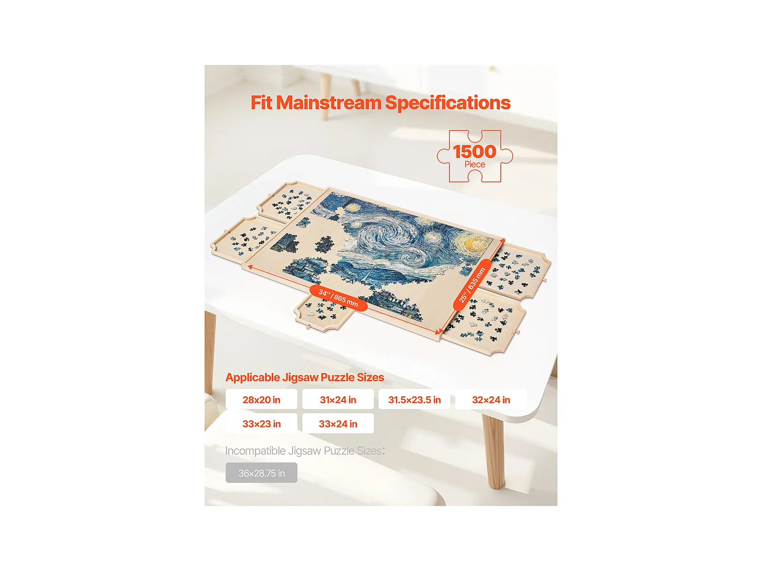 Planche de Puzzle SucceBuy 1500 Pièces, Table de Puzzle en Bois 86.5 x 63.5 cm, Plateau Casse-Tête Rotatif à 360° et Portable, avec 5 Tiroirs et Couverture Utile