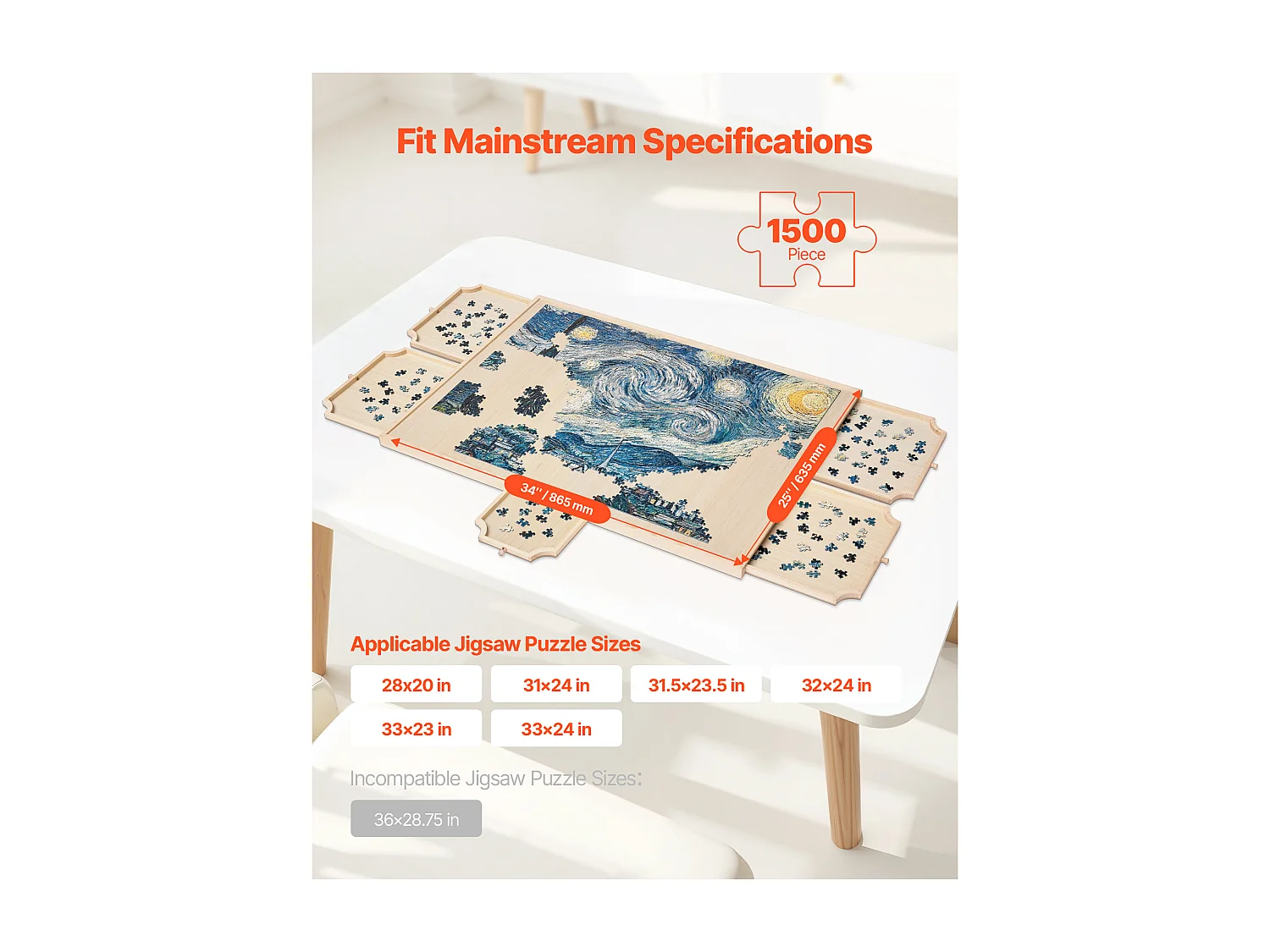 Planche de Puzzle SucceBuy 1500 Pièces, Table de Puzzle en Bois 86.5 x 63.5 cm, Plateau Casse-Tête Rotatif à 360° et Portable, avec 5 Tiroirs et Couverture Utile