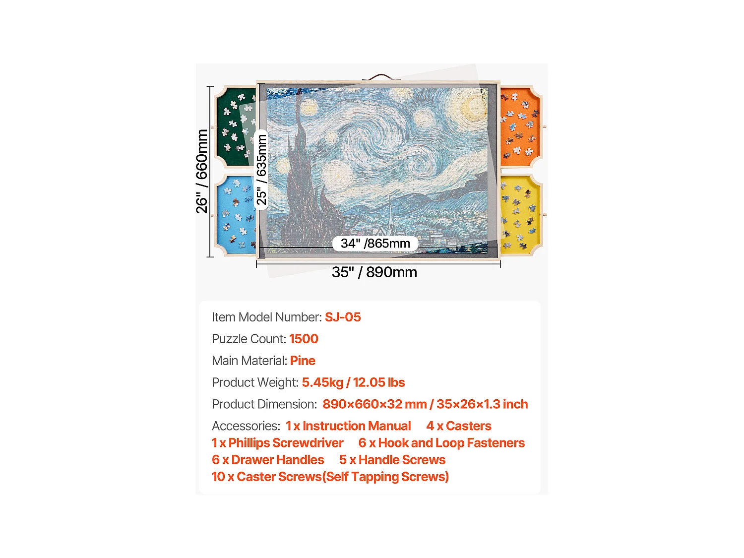 Planche de Puzzle SucceBuy 1500 Pièces, Table de Puzzle en Bois 86.5x63.5 cm, Plateau Casse-Tête Rotatif Portable, avec 4 Tiroirs Colorés et Couverture