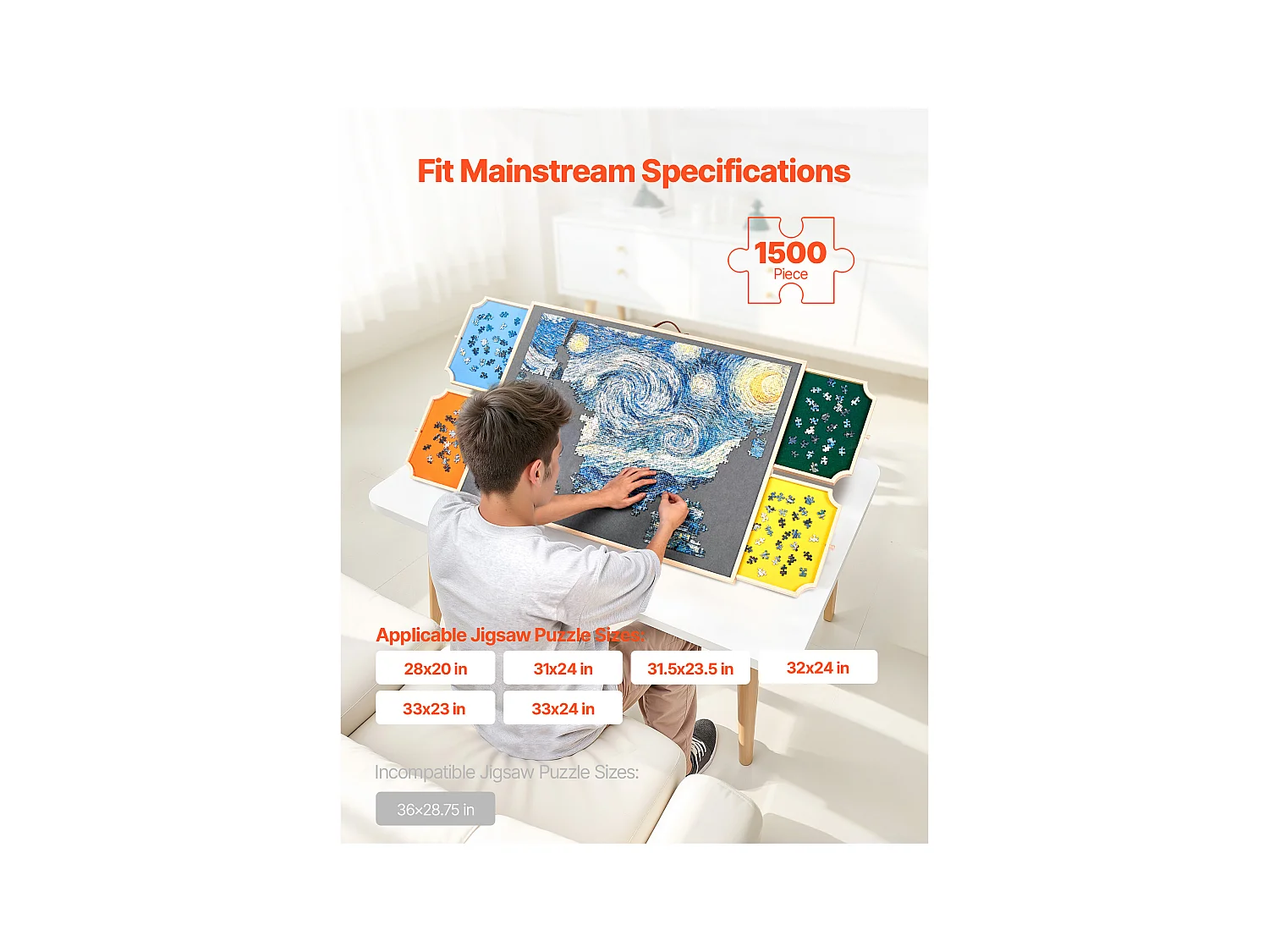 Planche de Puzzle SucceBuy 1500 Pièces, Table de Puzzle en Bois 86.5x63.5 cm, Plateau Casse-Tête Rotatif Portable, avec 4 Tiroirs Colorés et Couverture