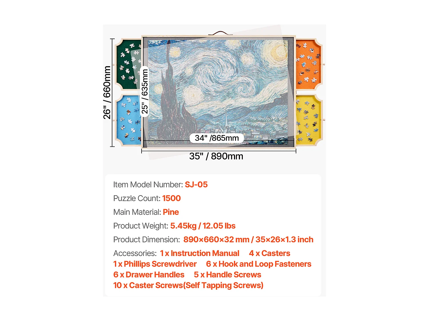 Planche de Puzzle SucceBuy 1500 Pièces, Table de Puzzle en Bois 86.5x63.5 cm, Plateau Casse-Tête Rotatif Portable, avec 4 Tiroirs Colorés et Couverture