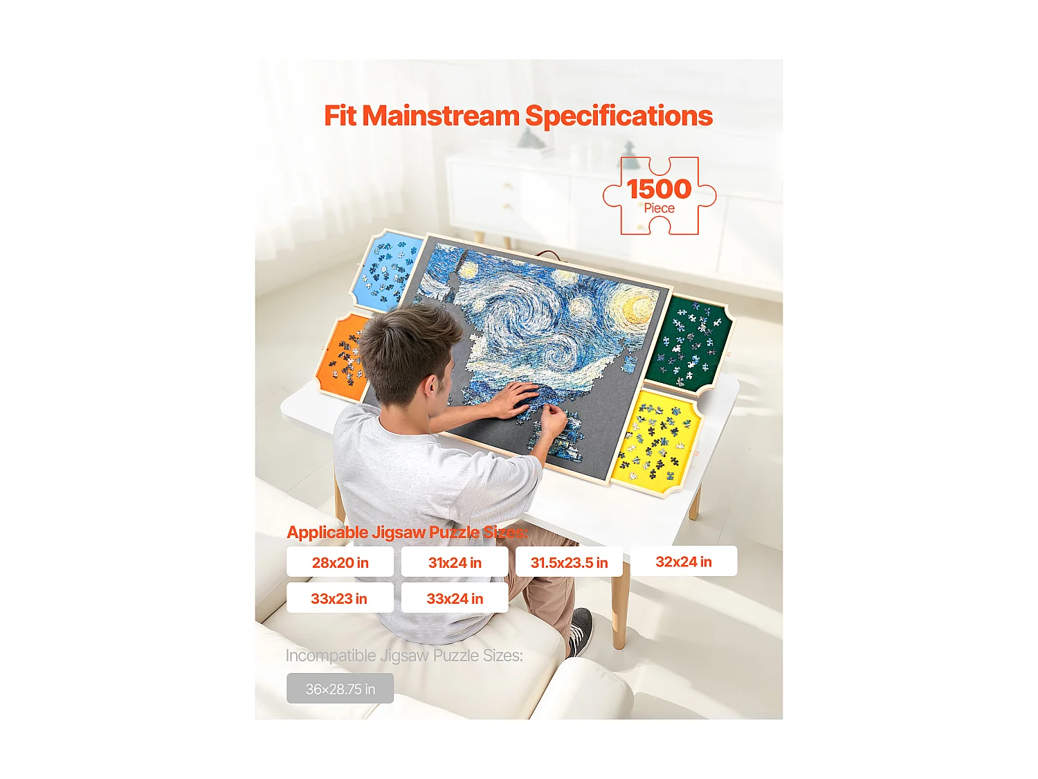 Planche de Puzzle SucceBuy 1500 Pièces, Table de Puzzle en Bois 86.5x63.5 cm, Plateau Casse-Tête Rotatif Portable, avec 4 Tiroirs Colorés et Couverture