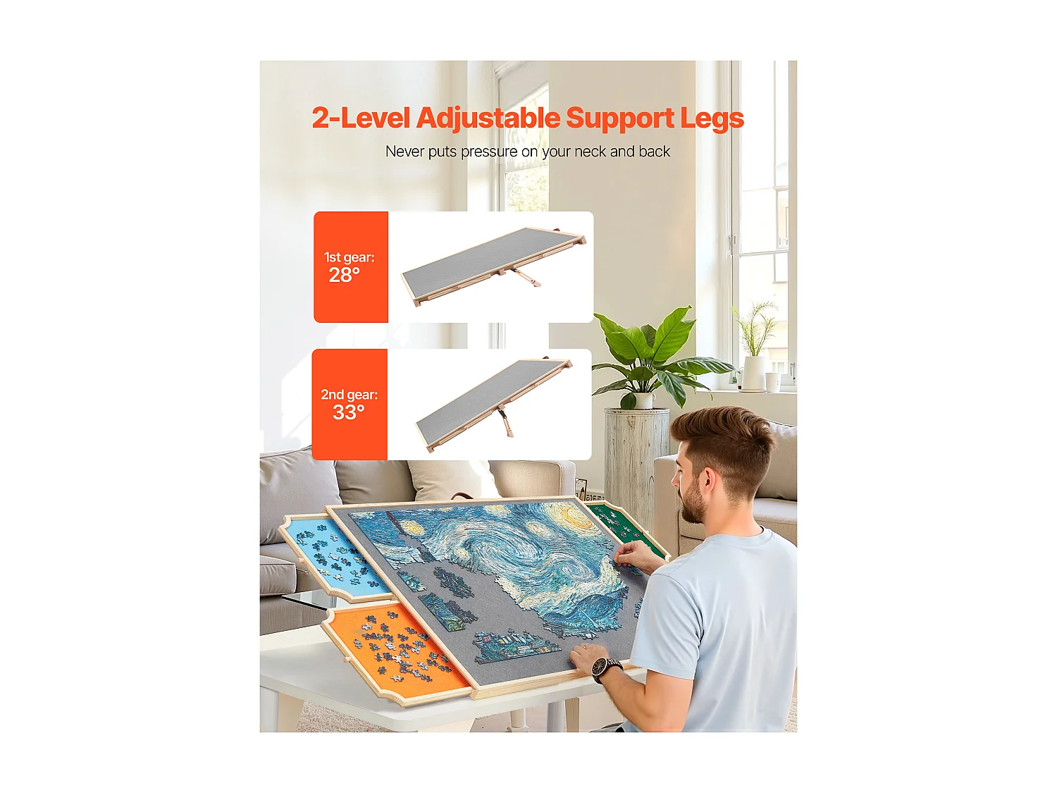 Planche de Puzzle SucceBuy 1500 Pièces, Table de Puzzle en Bois 86.5x63.5 cm, Plateau Casse-Tête Rotatif Portable, avec 4 Tiroirs Colorés et Couverture