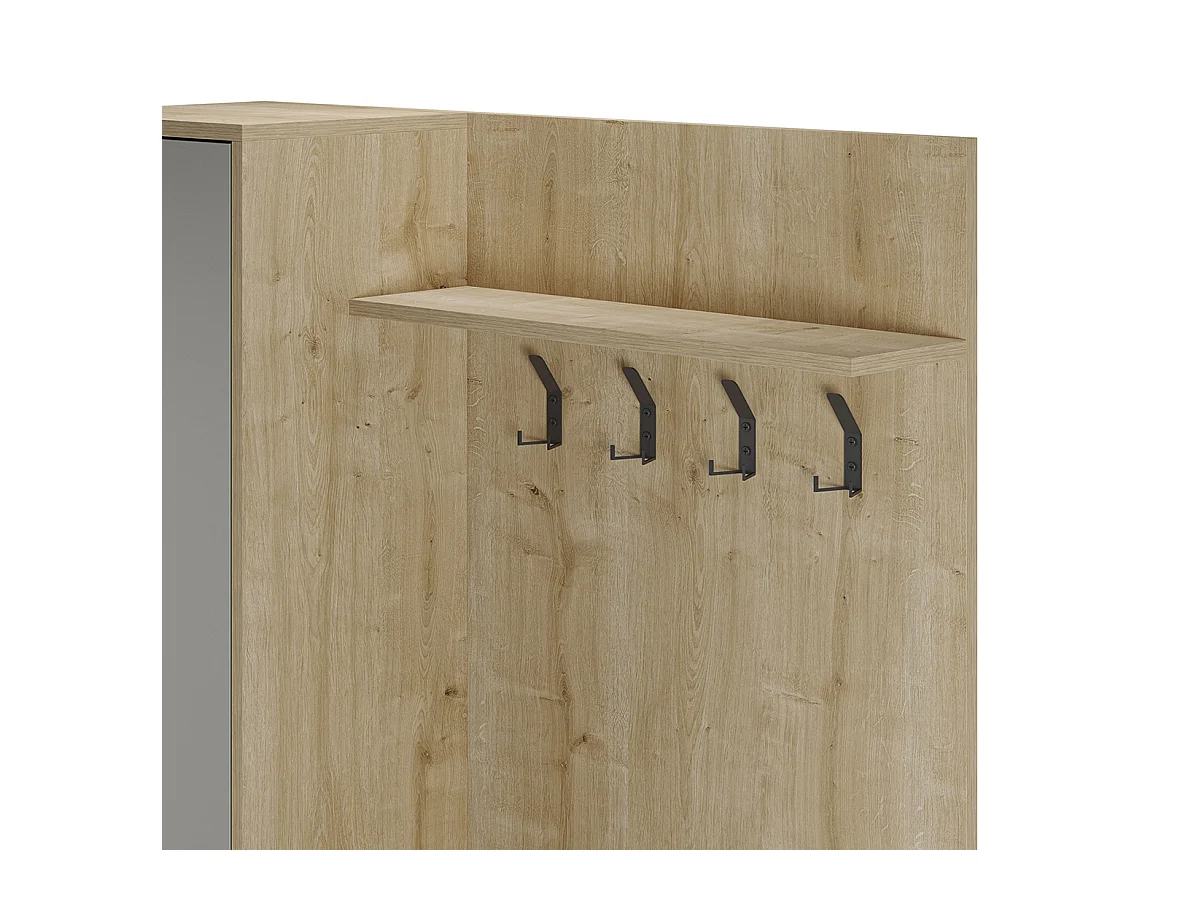 Meuble d'entrée avec porte-manteau aspect bois coloris vert et chêne, pieds en métal noir - Longueur 108 x Profondeur 35 x Hauteur 195,3 cm