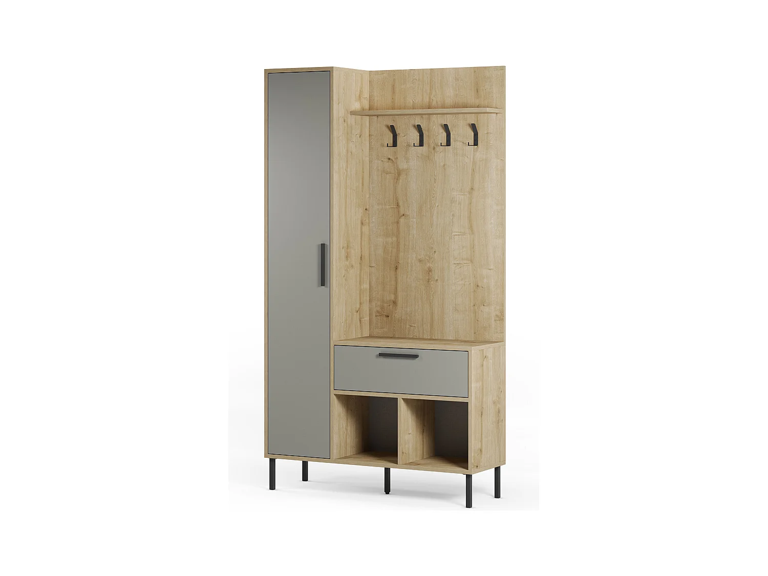 Meuble d'entrée avec porte-manteau aspect bois coloris vert et chêne, pieds en métal noir - Longueur 108 x Profondeur 35 x Hauteur 195,3 cm