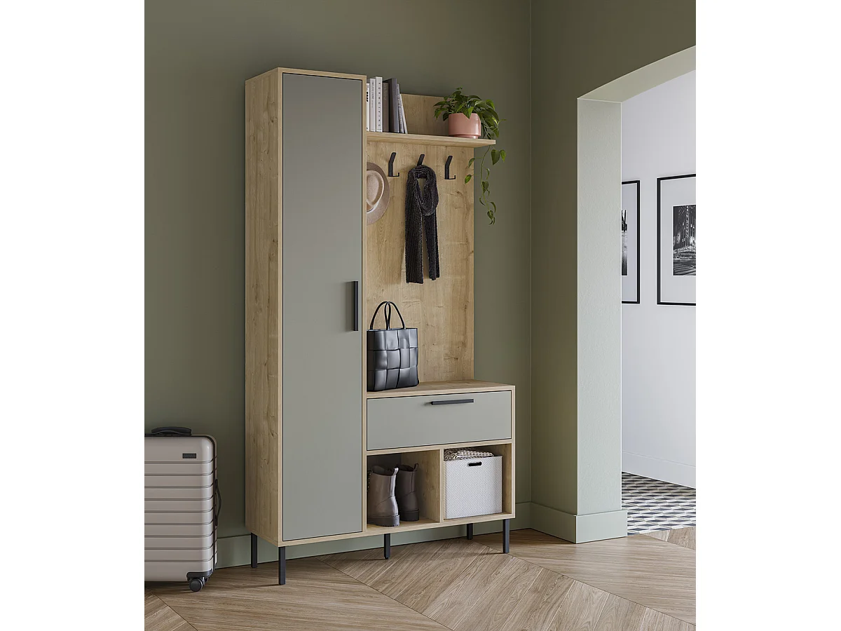 Meuble d'entrée avec porte-manteau aspect bois coloris vert et chêne, pieds en métal noir - Longueur 108 x Profondeur 35 x Hauteur 195,3 cm