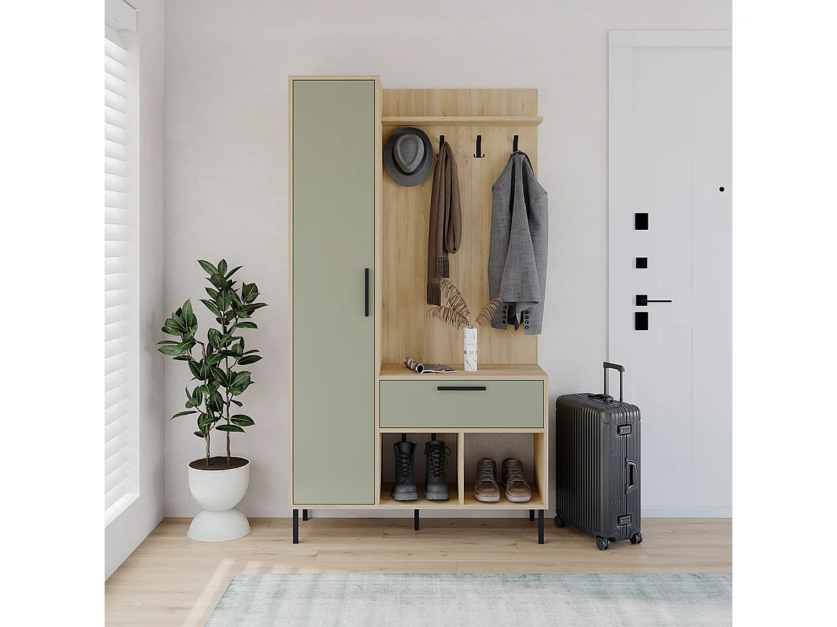 Meuble d'entrée avec porte-manteau aspect bois coloris vert et chêne, pieds en métal noir - Longueur 108 x Profondeur 35 x Hauteur 195,3 cm
