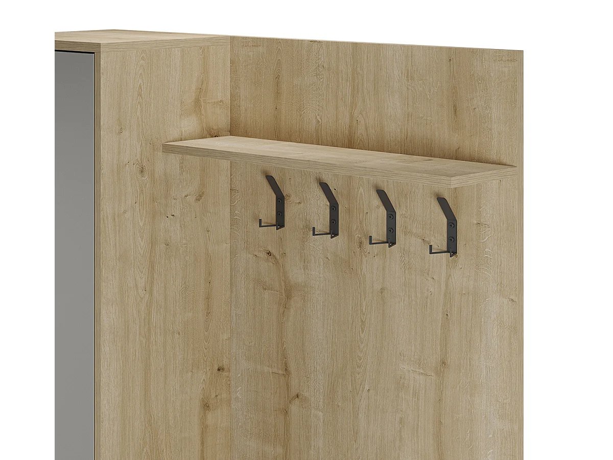 Meuble d'entrée avec porte-manteau aspect bois coloris vert et chêne, pieds en métal noir - Longueur 108 x Profondeur 35 x Hauteur 195,3 cm