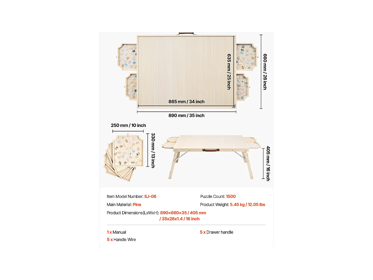 Table de Puzzle SucceBuy 1500 Pièces, Planche de Puzzle 86,5 x 63,5 cm, avec Pieds Pliables, 4 Tiroirs et Couverture, Plateau Casse-Tête Portable en Bois