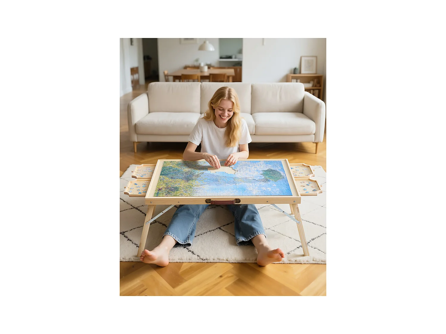 Table de Puzzle SucceBuy 1500 Pièces, Planche de Puzzle 86,5 x 63,5 cm, avec Pieds Pliables, 4 Tiroirs et Couverture, Plateau Casse-Tête Portable en Bois