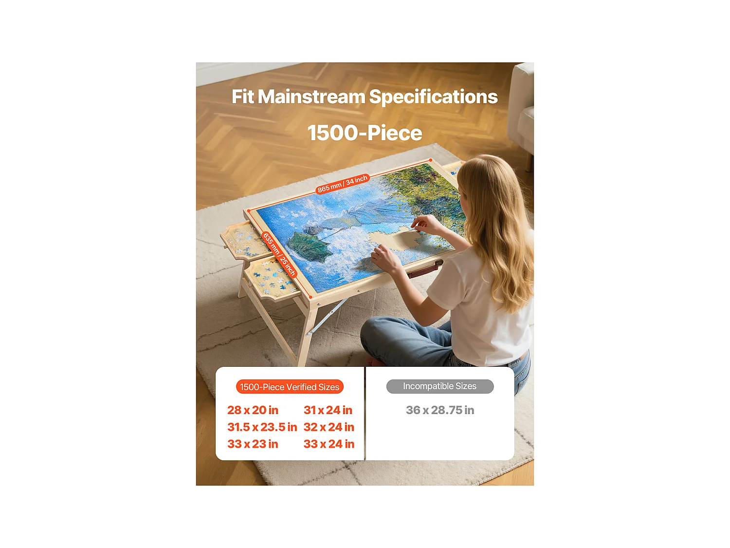 Table de Puzzle SucceBuy 1500 Pièces, Planche de Puzzle 86,5 x 63,5 cm, avec Pieds Pliables, 4 Tiroirs et Couverture, Plateau Casse-Tête Portable en Bois