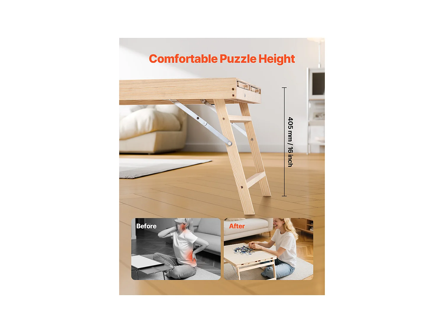 Table de Puzzle SucceBuy 1500 Pièces, Planche de Puzzle 86,5 x 63,5 cm, avec Pieds Pliables, 4 Tiroirs et Couverture, Plateau Casse-Tête Portable en Bois