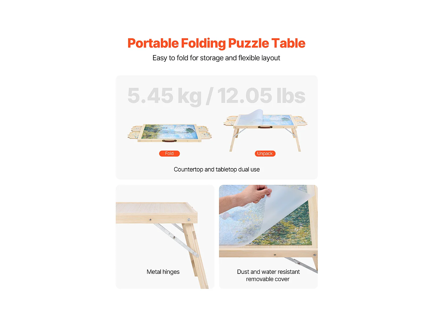 Table de Puzzle SucceBuy 1500 Pièces, Planche de Puzzle 86,5 x 63,5 cm, avec Pieds Pliables, 4 Tiroirs et Couverture, Plateau Casse-Tête Portable en Bois