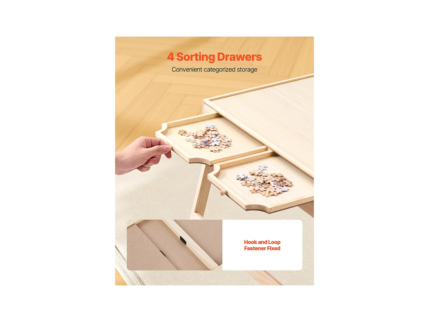 Table de Puzzle SucceBuy 1500 Pièces, Planche de Puzzle 86,5 x 63,5 cm, avec Pieds Pliables, 4 Tiroirs et Couverture, Plateau Casse-Tête Portable en Bois