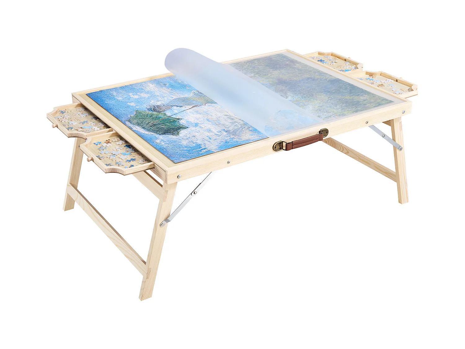 Table de Puzzle SucceBuy 1500 Pièces, Planche de Puzzle 86,5 x 63,5 cm, avec Pieds Pliables, 4 Tiroirs et Couverture, Plateau Casse-Tête Portable en Bois